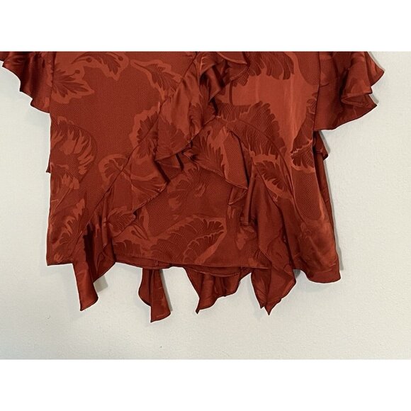 Cinq A Sept Silk Top Blouse Ruffle Asymmetric Size Medium Rust Orange Jacquard - Picture 11 of 15